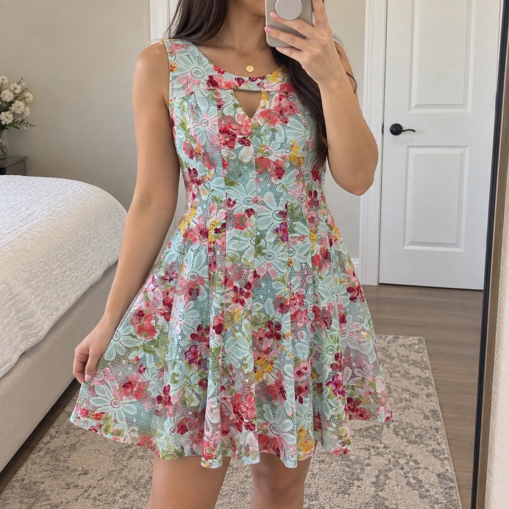 R&K Women Blue Floral Lace Fit & Flare Dress Keyhole Neck 10P